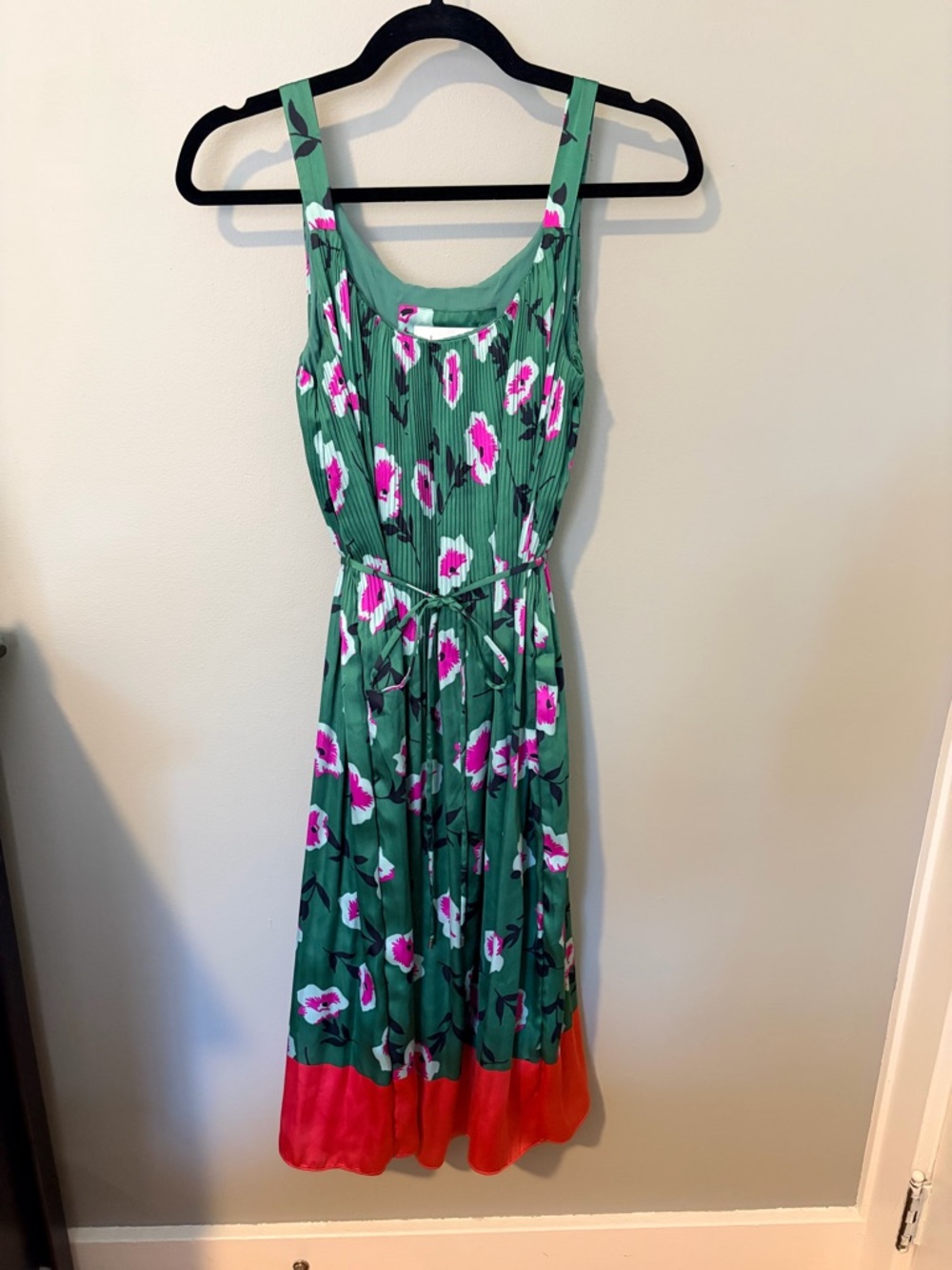 Anthropologie Green Floral Midi Dress with Pink Accents